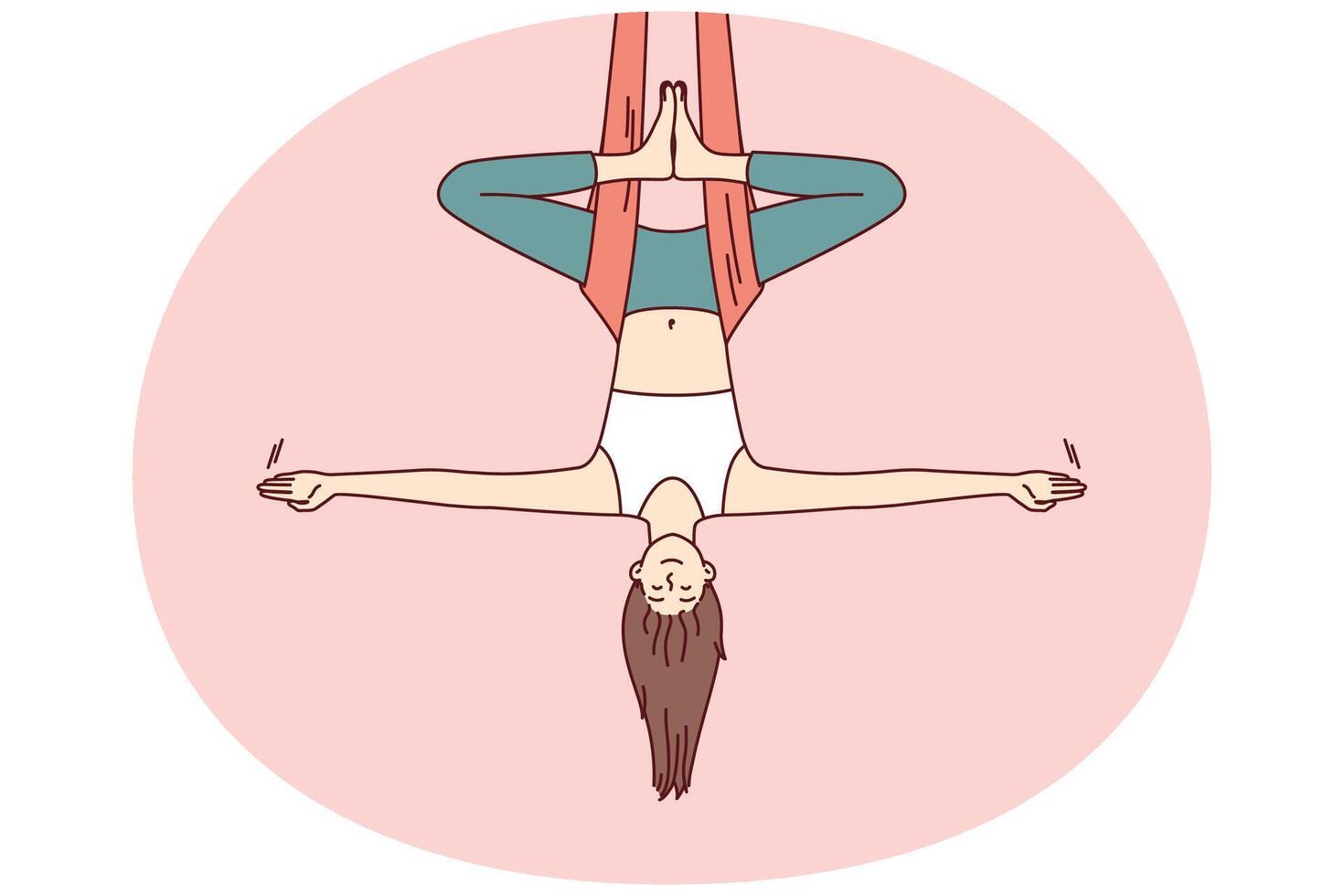 Woman doing aerial yoga hangs upside down in hammock and keeps balance with arms at sides vector