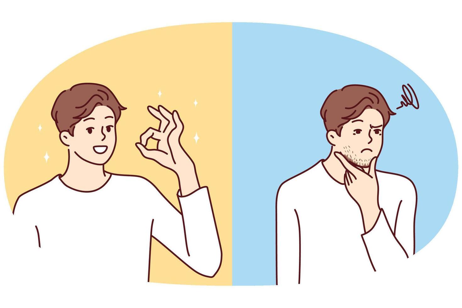 Entangled in threads of man puzzled touches chin then smiles and shows OK gesture. Vector image