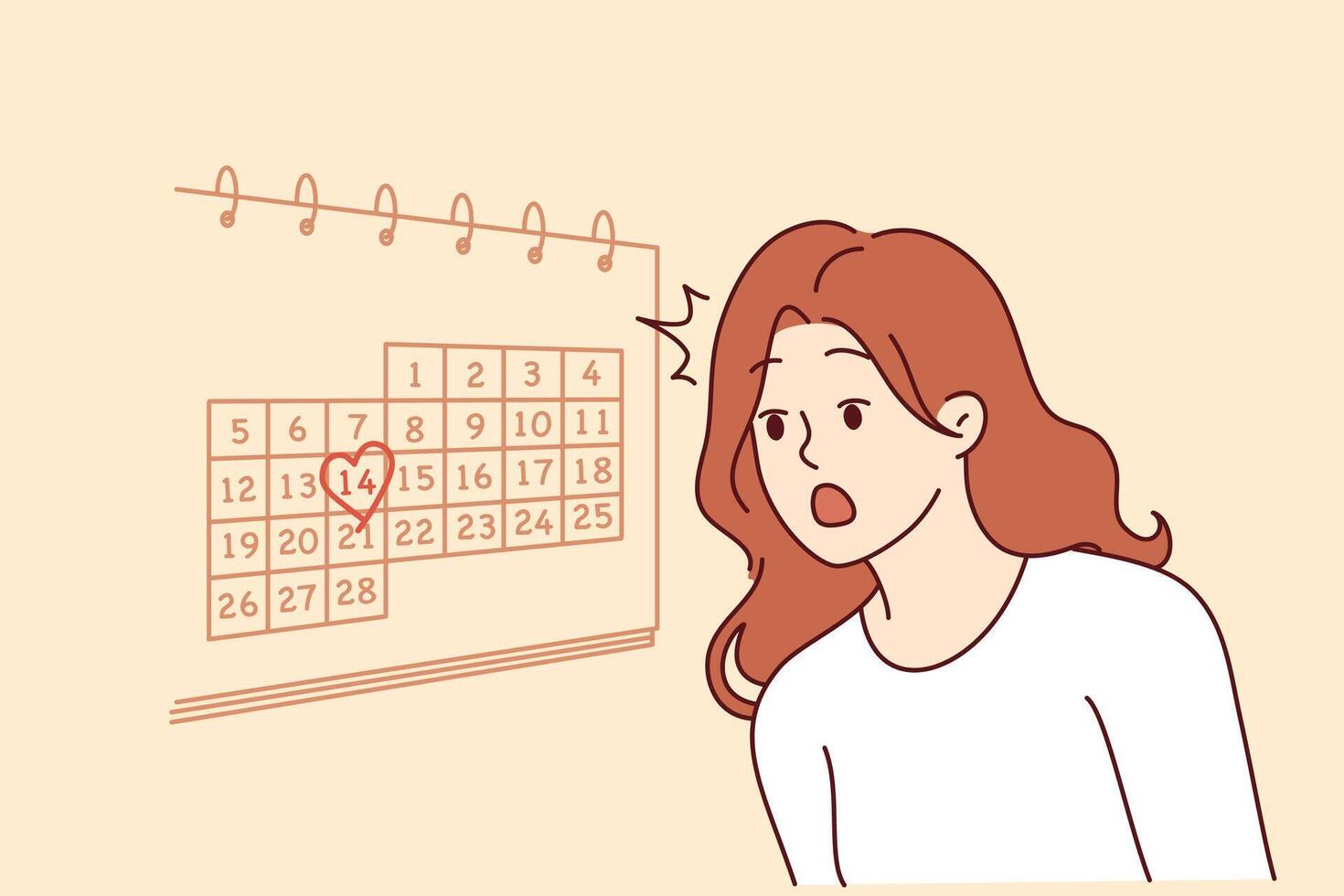 mujer aprende acerca de enamorado día en febrero 14to y siente conmocionado en pie cerca pared con calendario vector