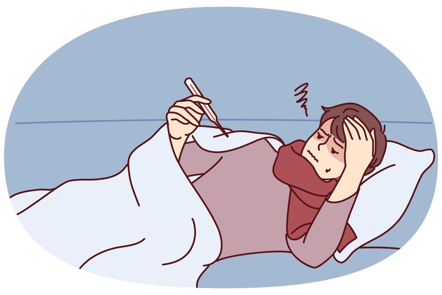 Sick guy lies on sofa or bed under blanket and looks at thermometer after getting flu. Vector image