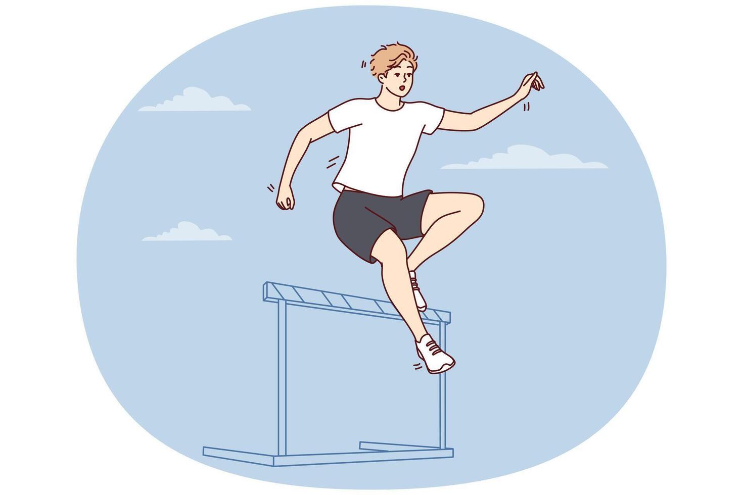 Male athlete running up jumps over barrier during important competition. Vector image