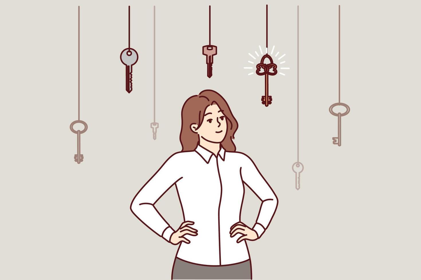 Business woman makes choice from dangling keys symbolizing different ways of solving problems vector
