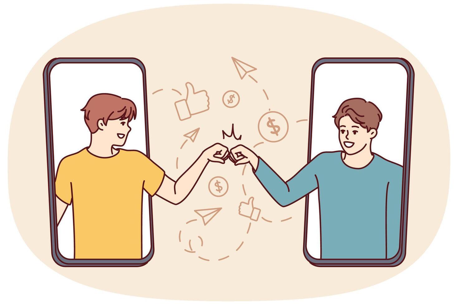 Two men looking out of screens of mobile phones greet each other with fists. Vector image