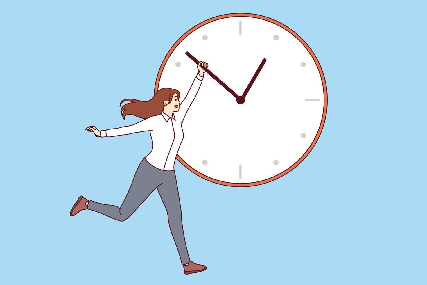 Woman manager is trying to be productive, holding back hand of big clock to get work done on time vector