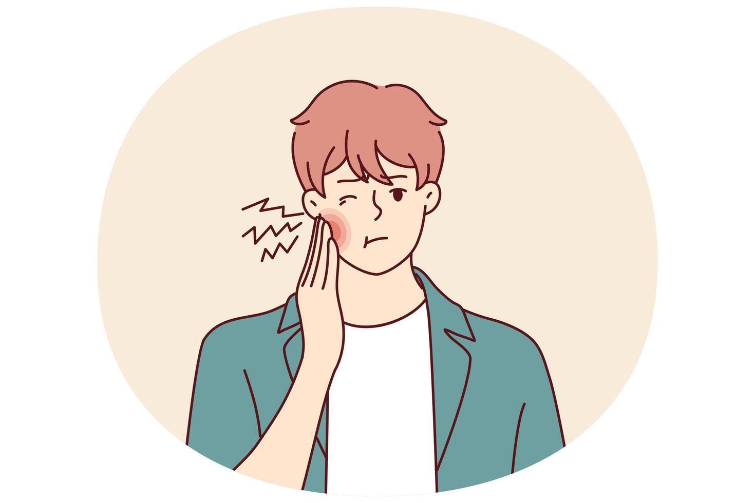 Man has pain in teeth and puts hand on red cheek due to inflammation of nerves in gums. Vector image