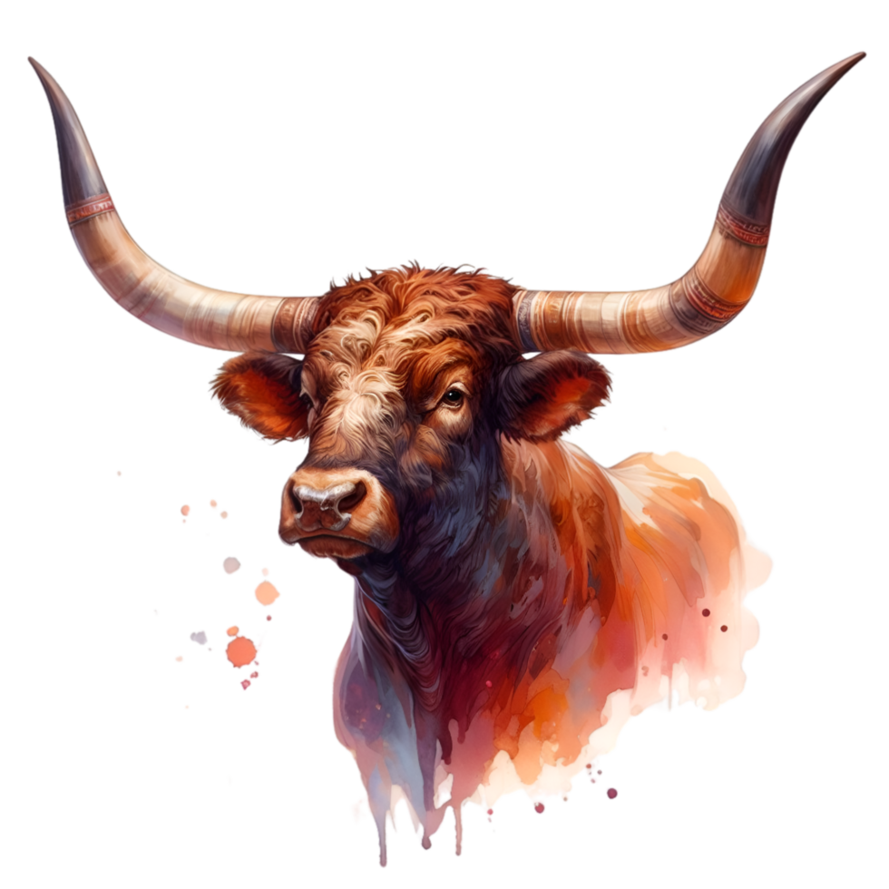 AI generated Highland cow with long horns grazes in a meadow png