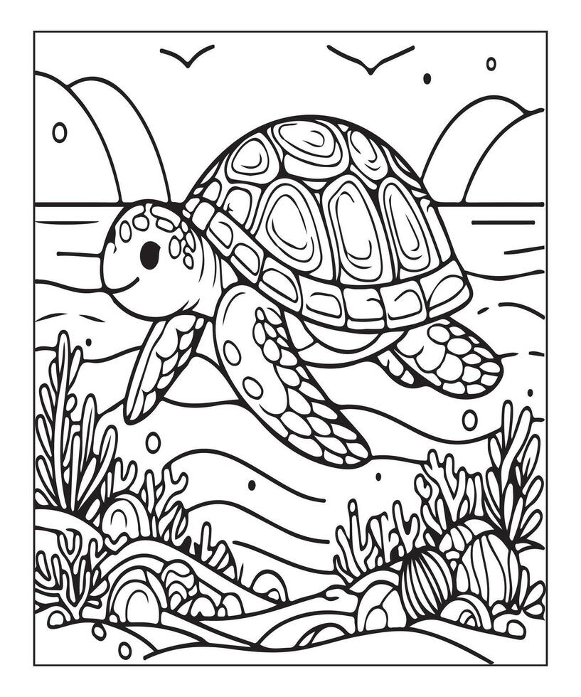 AI generated clean simple line art ocean turtle coloring page vector