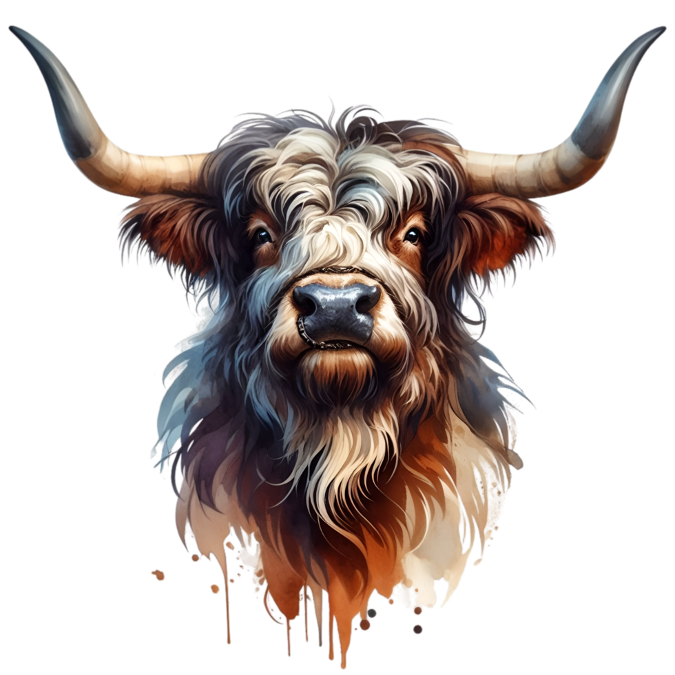 AI generated Highland cow with long horns grazes in a meadow png