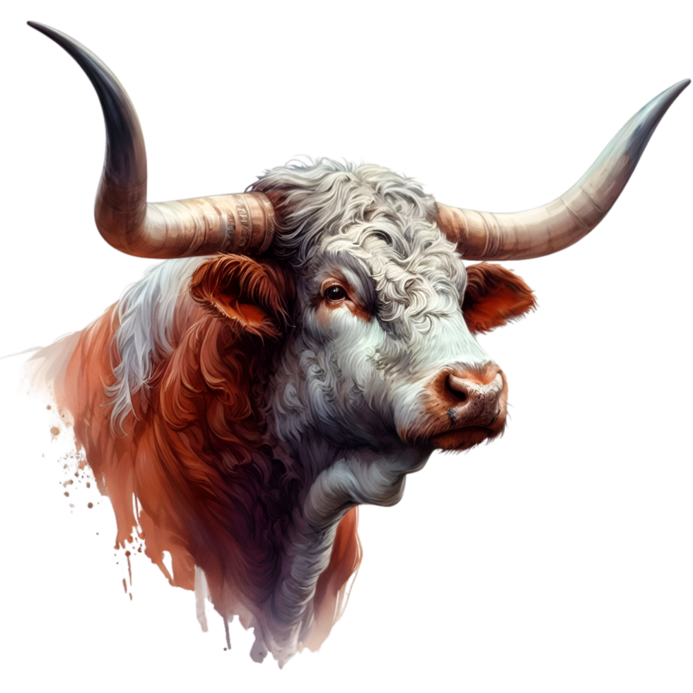 AI generated Highland cow with long horns grazes in a meadow png