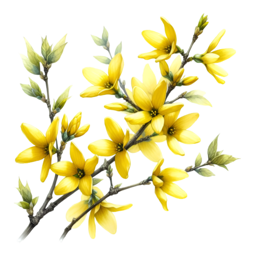AI generated A forsythia flower branch bursts with bright yellow flowers png