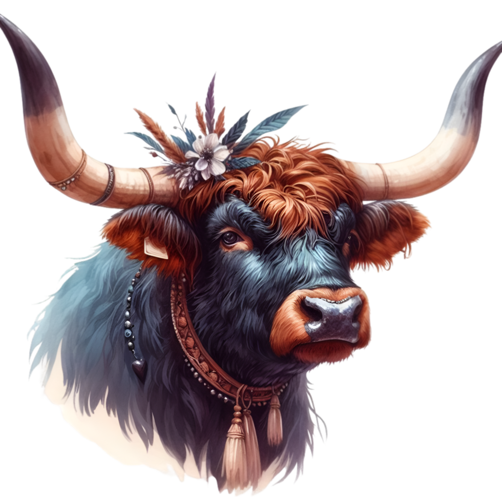 AI generated Highland cow with long horns grazes in a meadow png