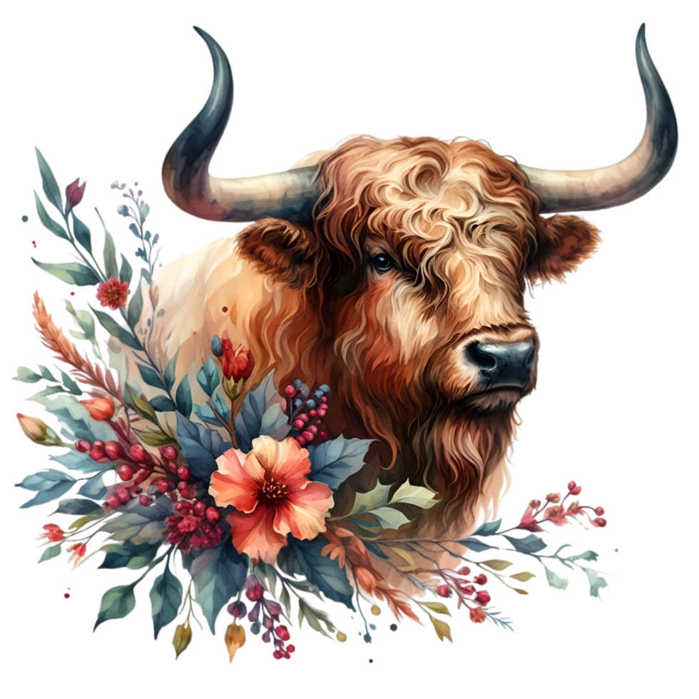 AI generated Highland cow with long horns grazes in a meadow png