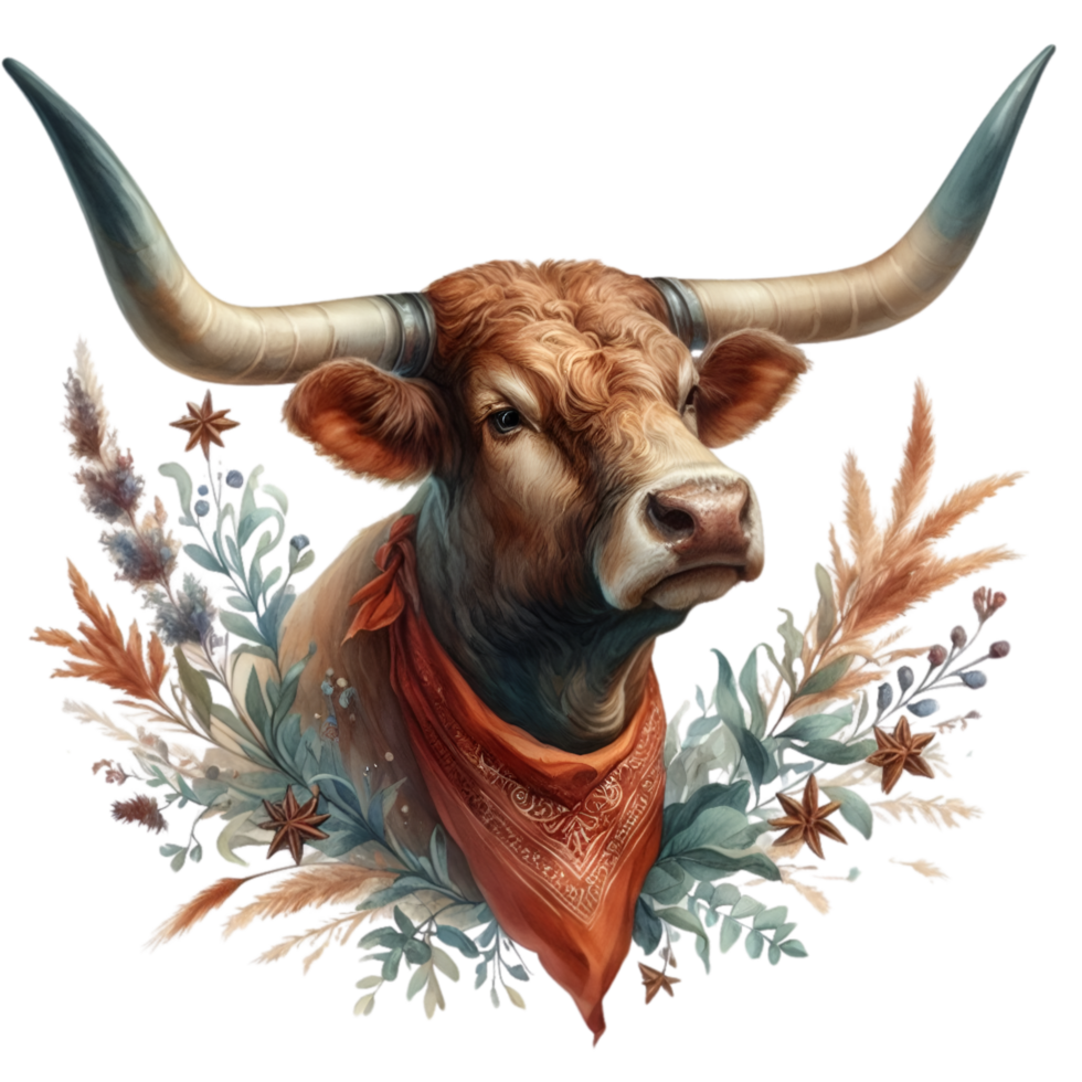 AI generated Highland cow with long horns grazes in a meadow png