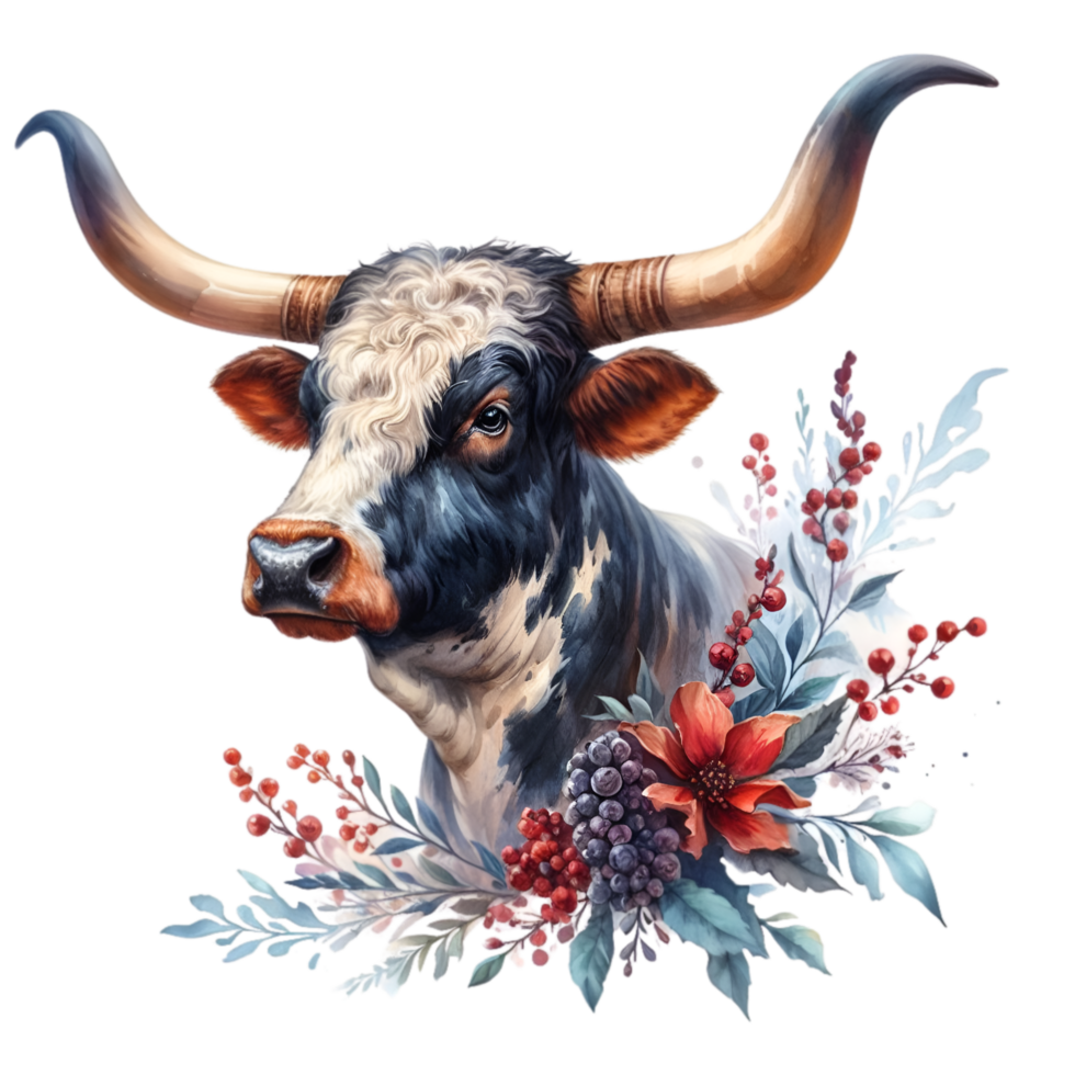 AI generated Highland cow with long horns grazes in a meadow png