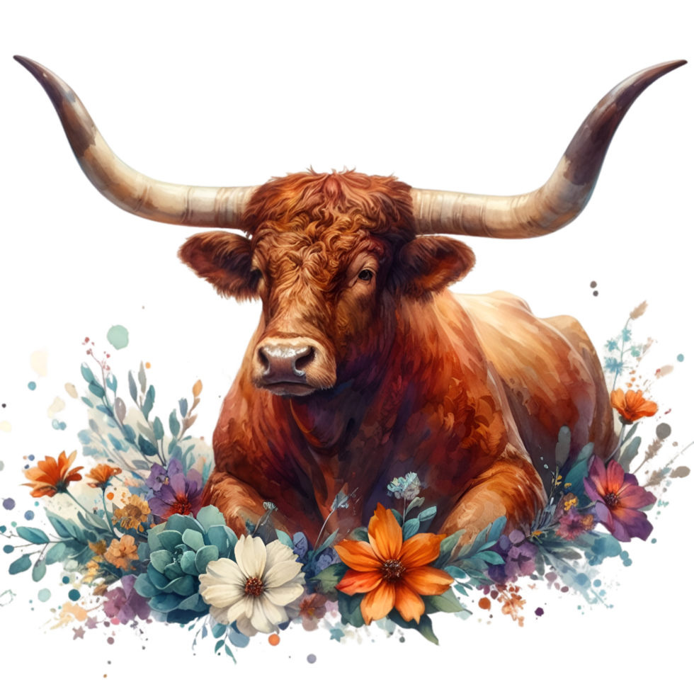 AI generated Highland cow with long horns grazes in a meadow png