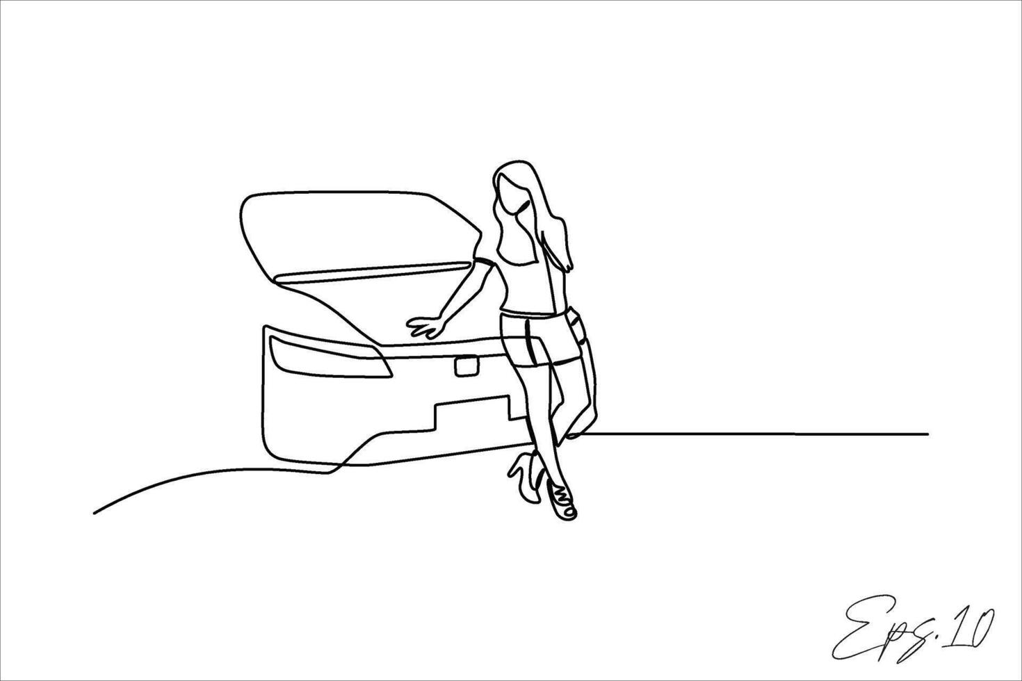 continuous line vector illustration design of a person posing in front of a car