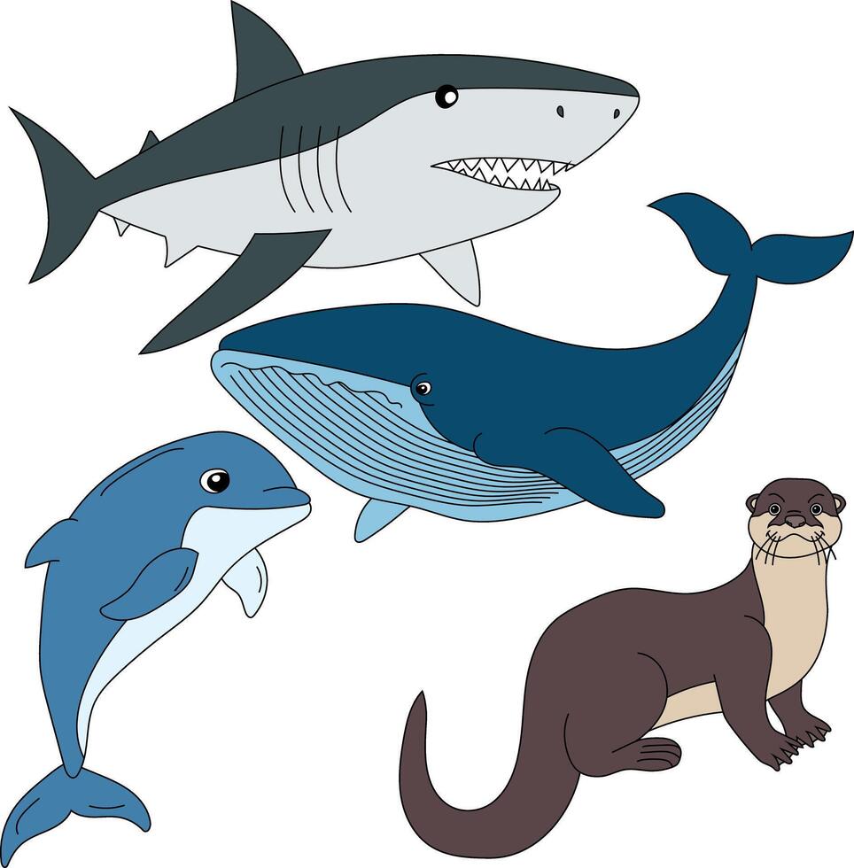 acuático animales clipart colocar. delfín, tiburón, ballena, nutria vector