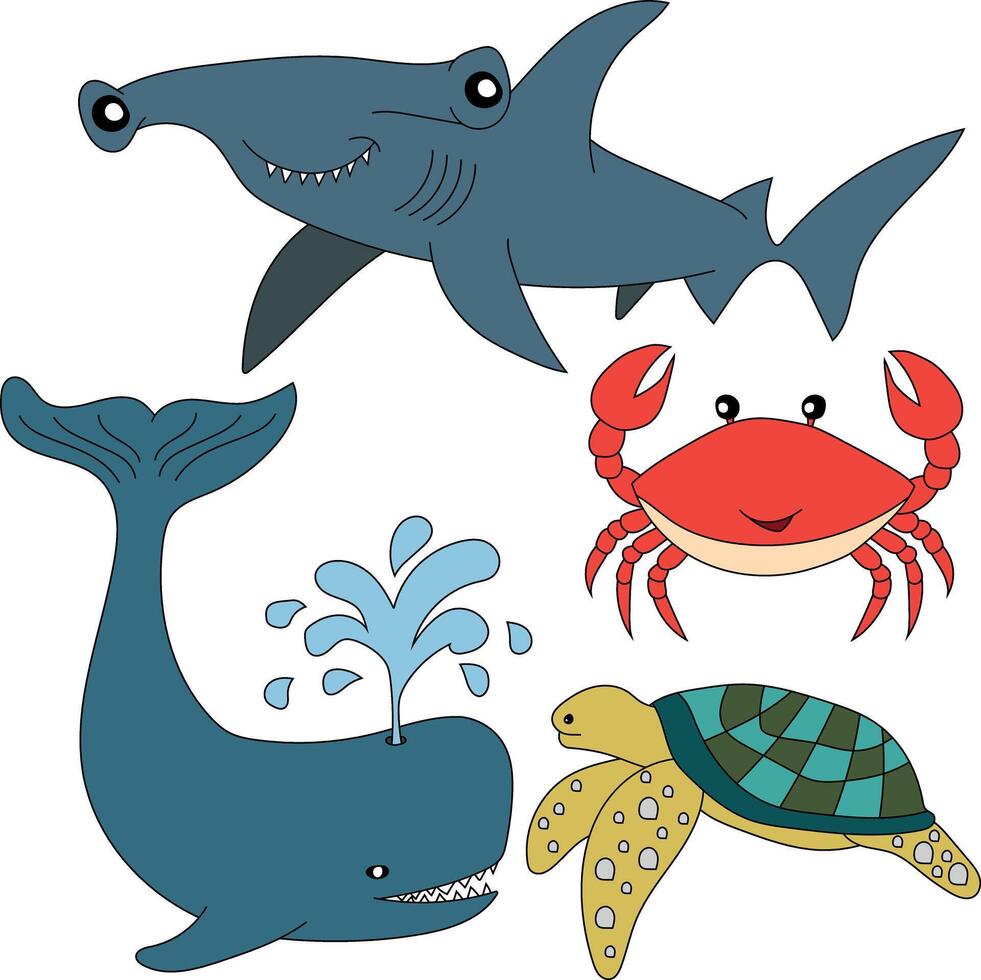 acuático animales clipart colocar. tiburón, ballena, cangrejo, mar Tortuga vector