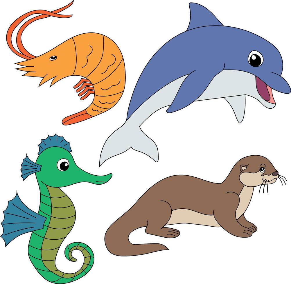 acuático animales clipart colocar. caballo de mar, nutria, camarón, delfín vector