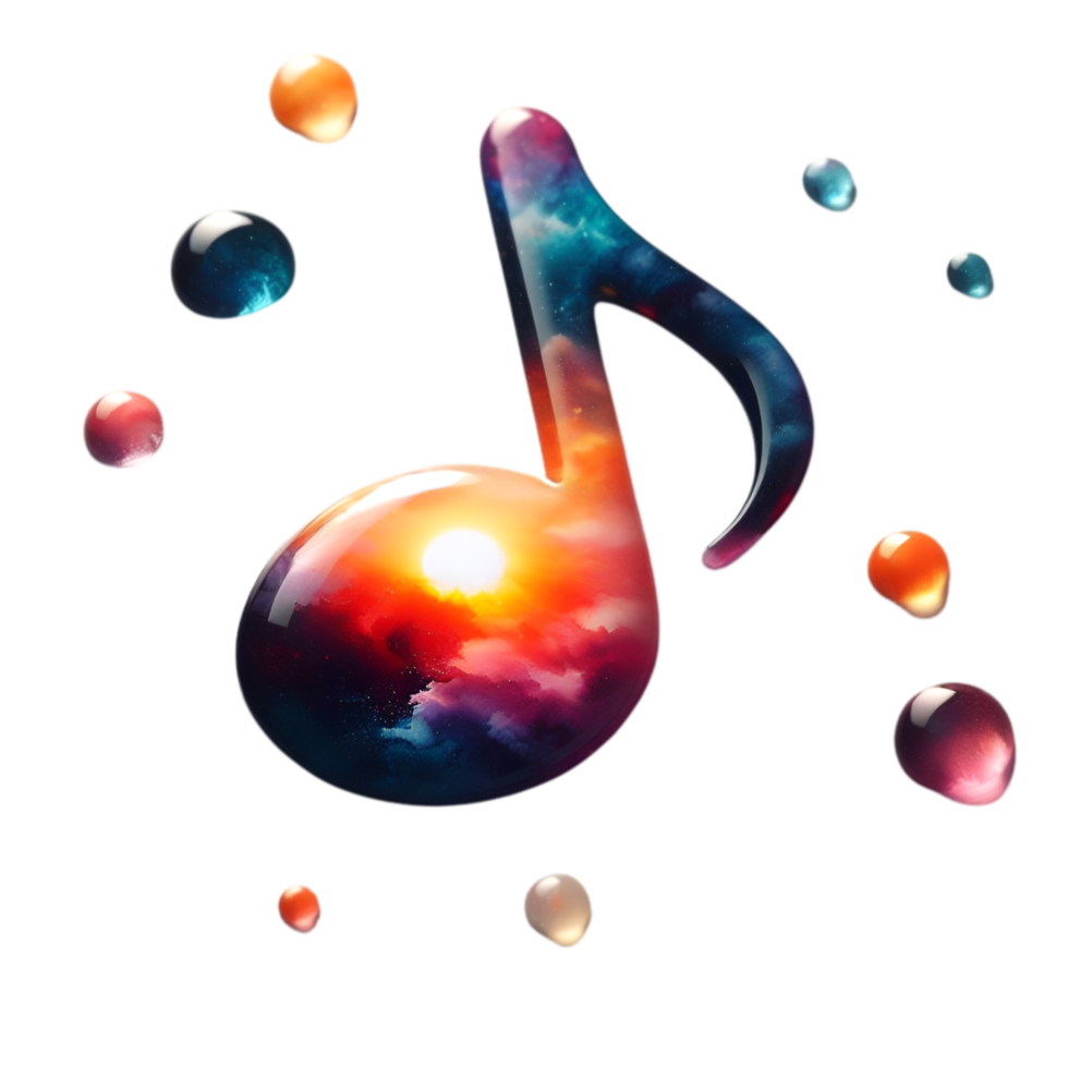 AI generated Watercolor droplets forming a musical note, reflecting a vibrant sunset. png