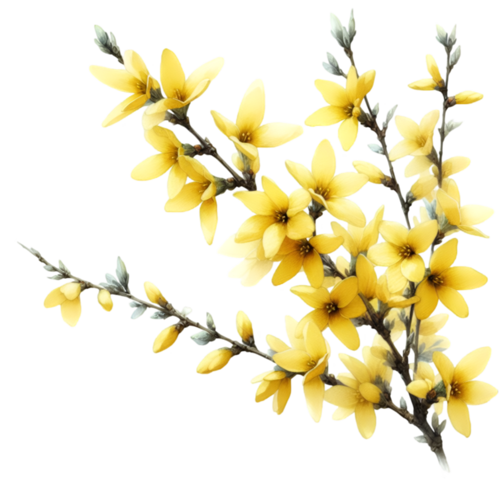 AI generated A forsythia flower branch bursts with bright yellow flowers png