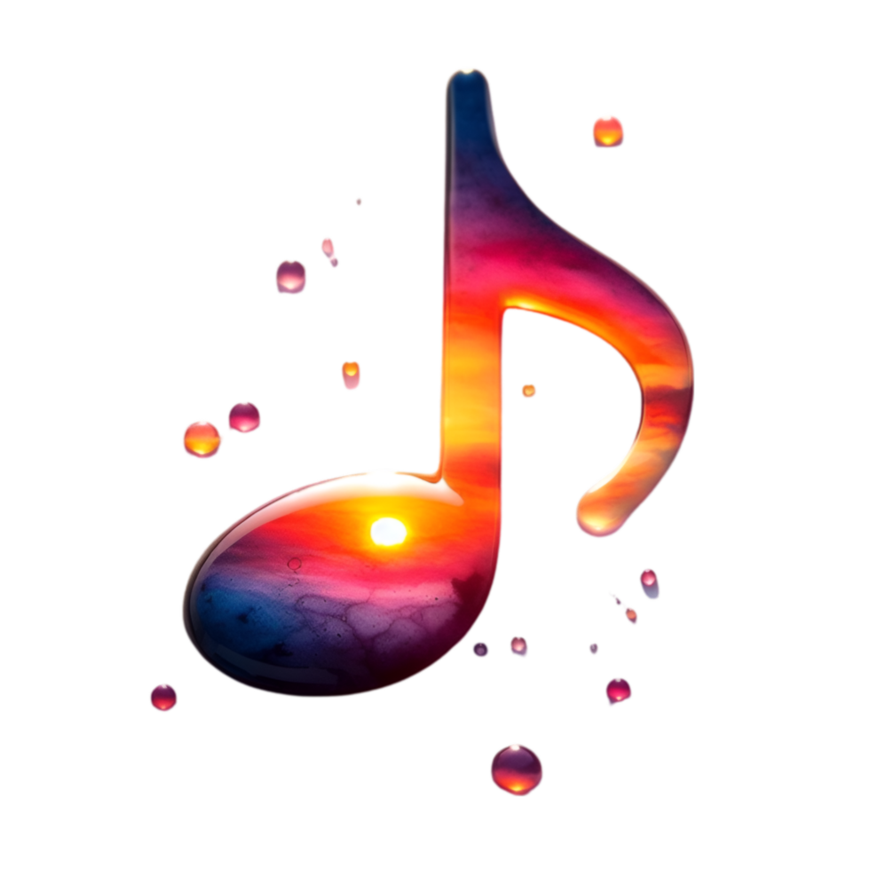 AI generated Watercolor droplets forming a musical note, reflecting a vibrant sunset. png