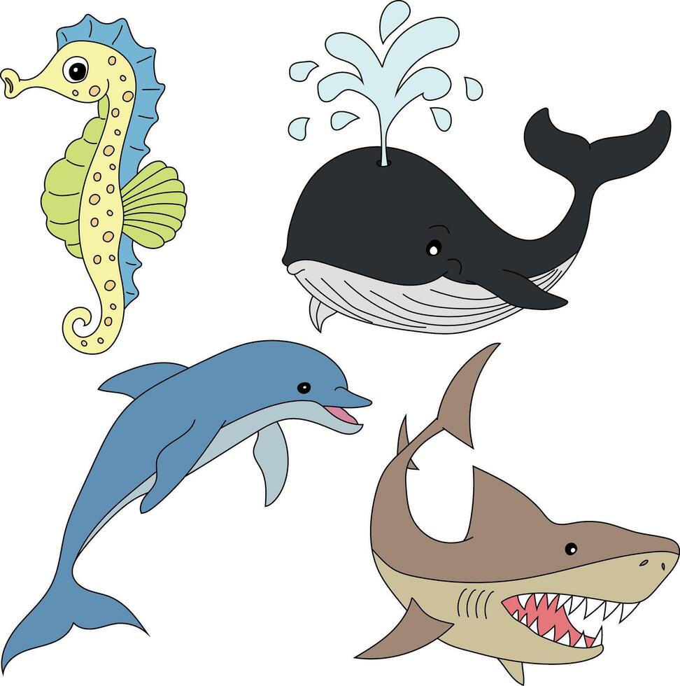 acuático animales clipart colocar. delfín, tiburón, ballena, caballo de mar vector