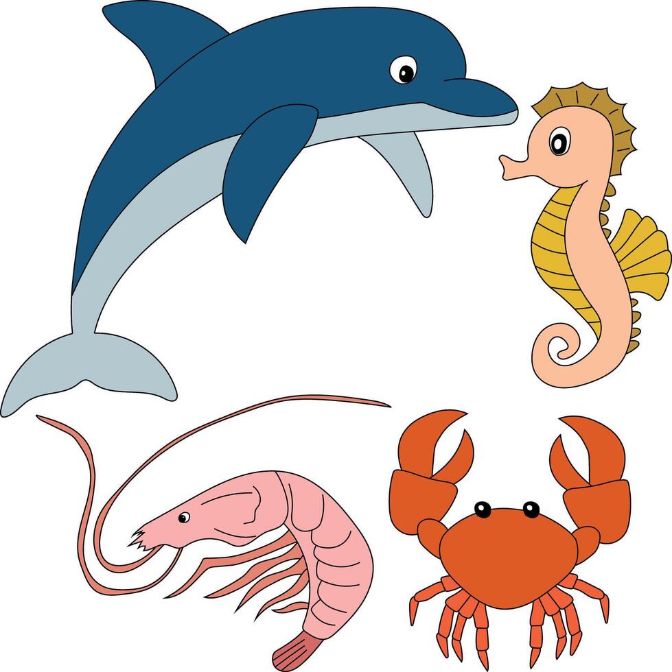 Aquatic Animals Clipart Set.  seahorse, dolphin, crab, shrimp vector