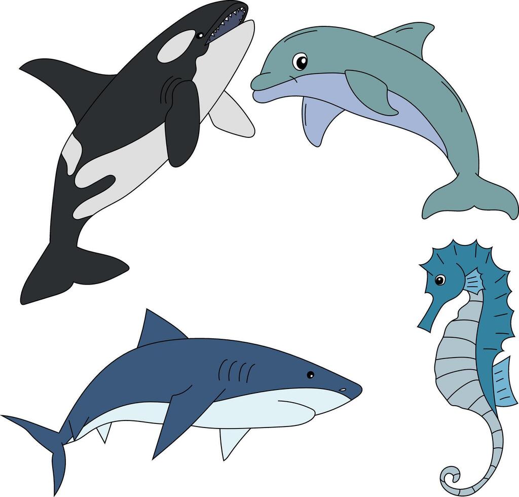 acuático animales clipart colocar. caballo de mar, tiburón, ballena, delfín vector