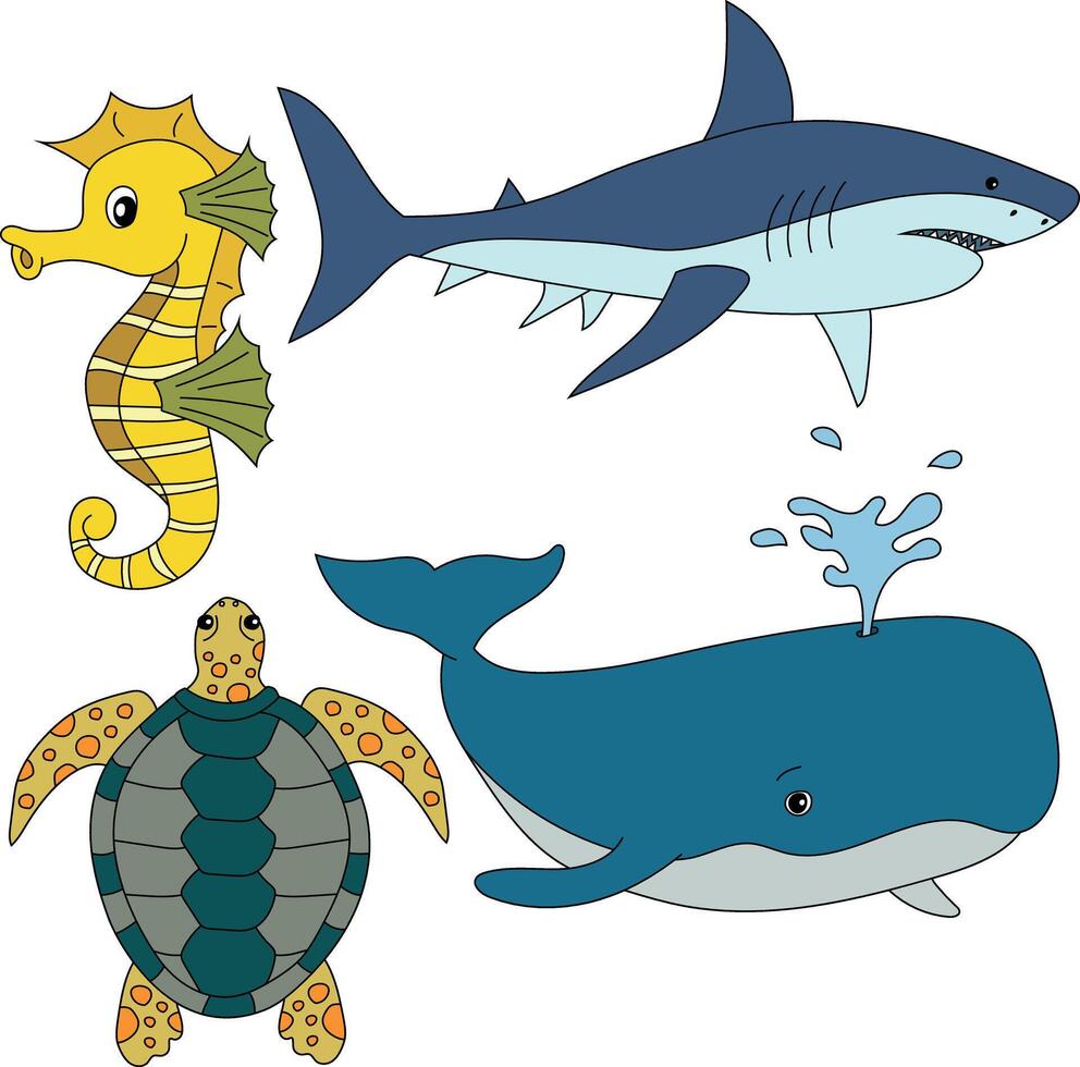 acuático animales clipart colocar. mar tortuga, tiburón, caballo de mar, ballena vector