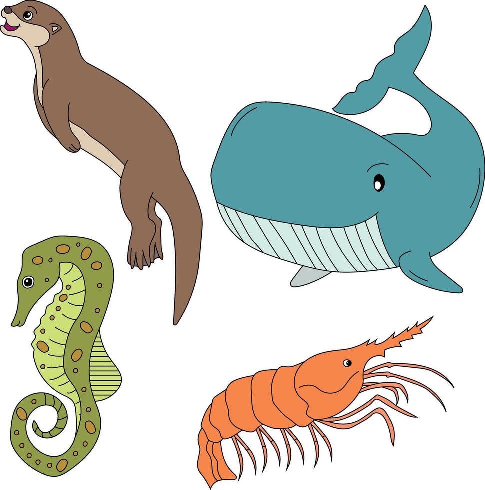 Aquatic Animals Clipart Set. shrimp , otter, seahorse, whale vector