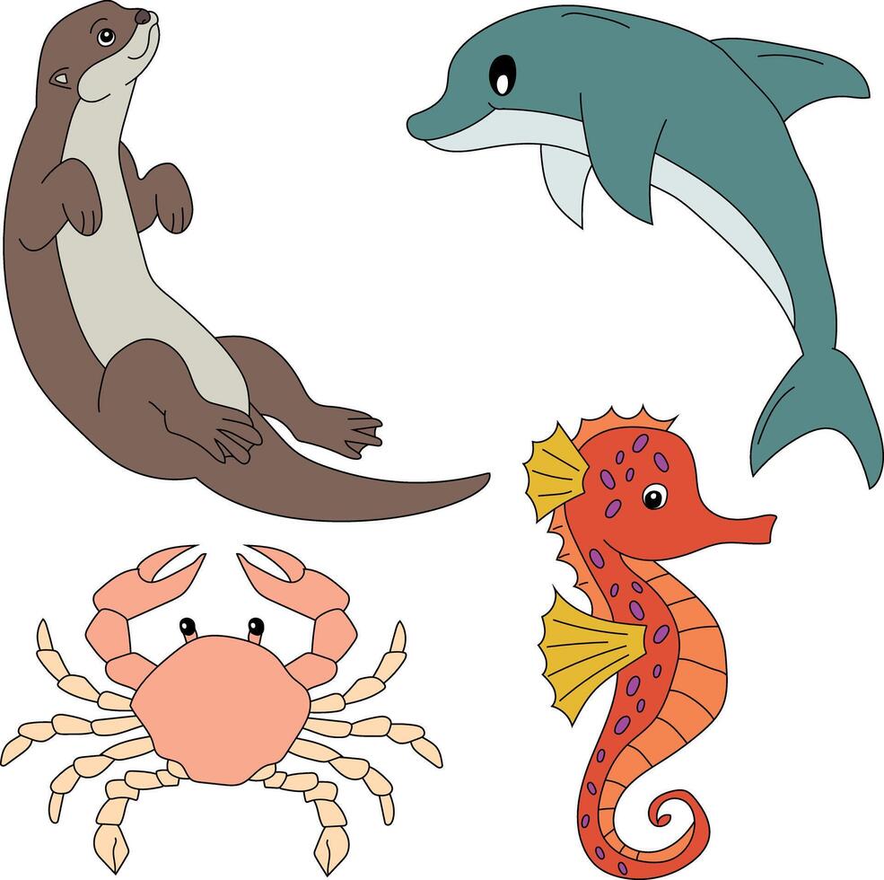 acuático animales clipart colocar. caballo de mar, delfín, cangrejo, nutria vector