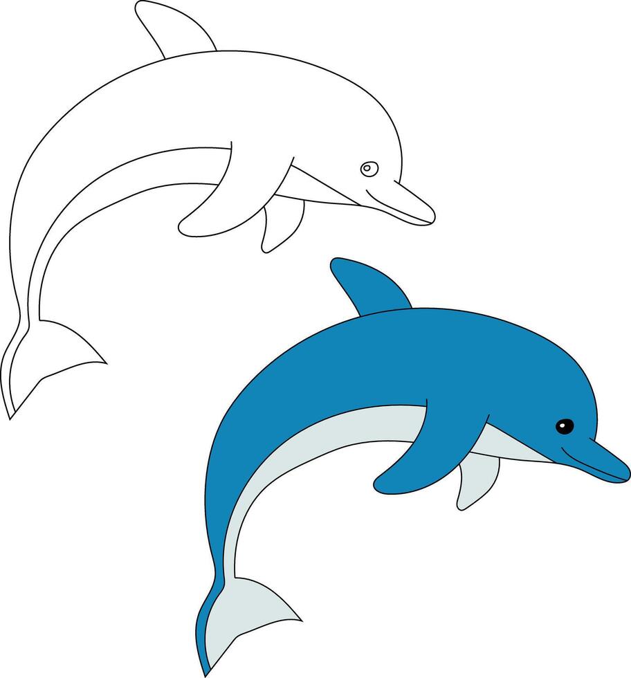 Dolphin Clipart Set. Colorful and Outline Dolphins vector