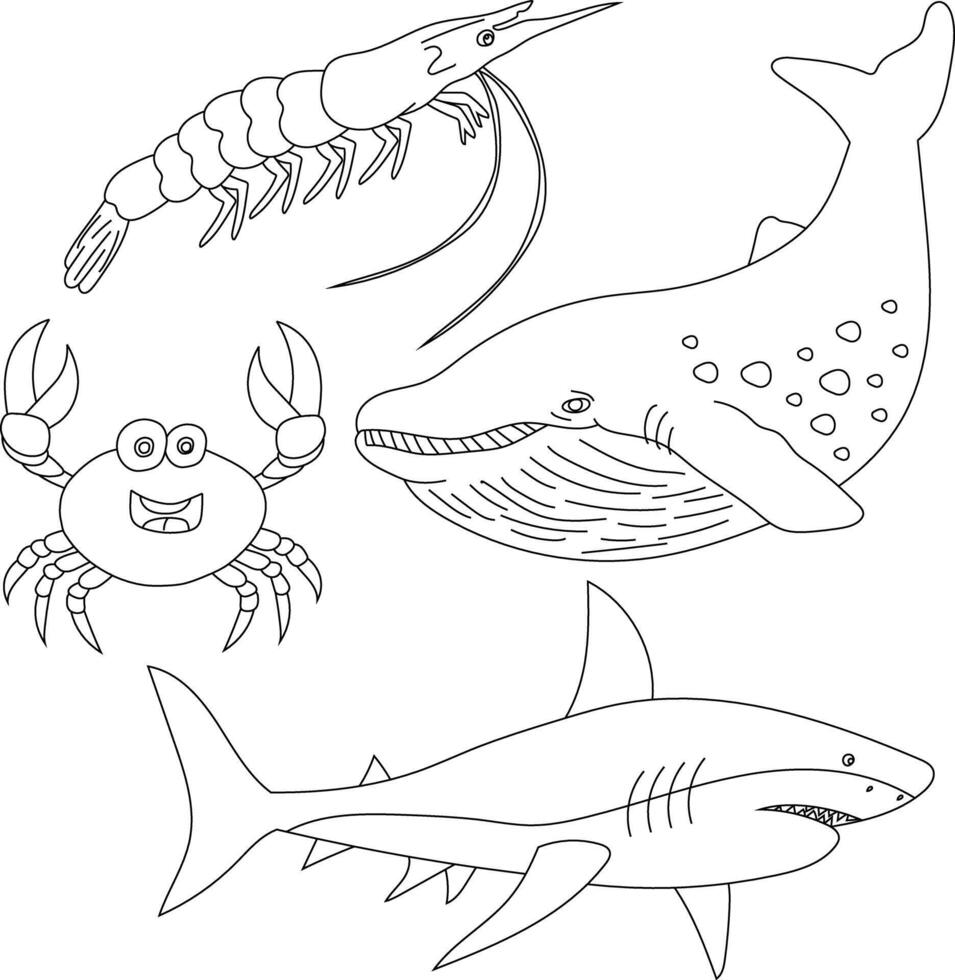 Aquatic Animals Clipart Set. Sea Animals of shark, whale, shrimp, crab vector