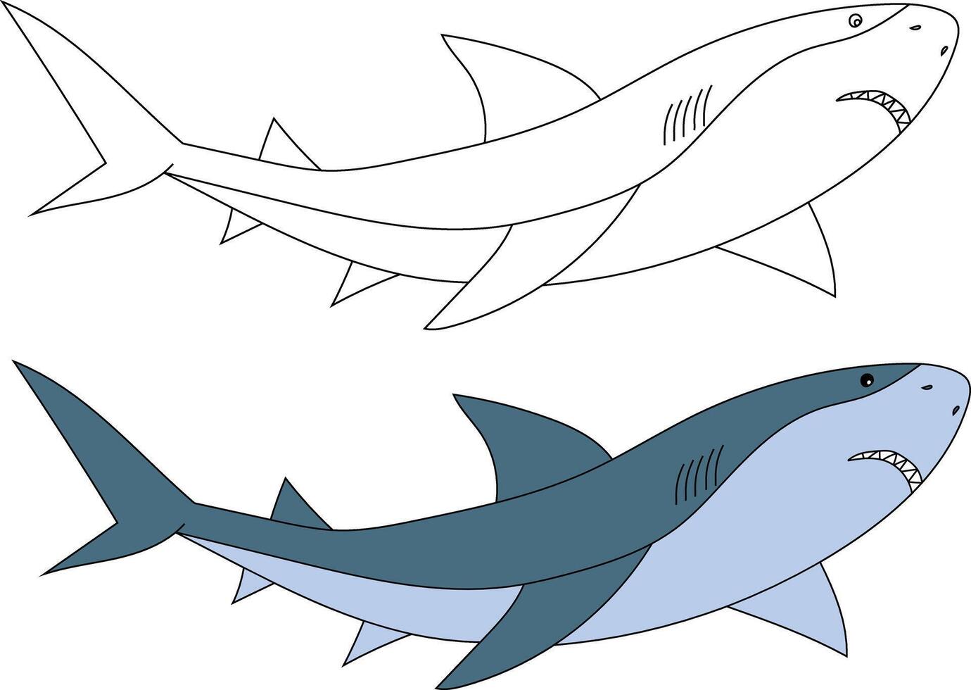 Shark Clipart Set. Colorful and Outline Sharks vector