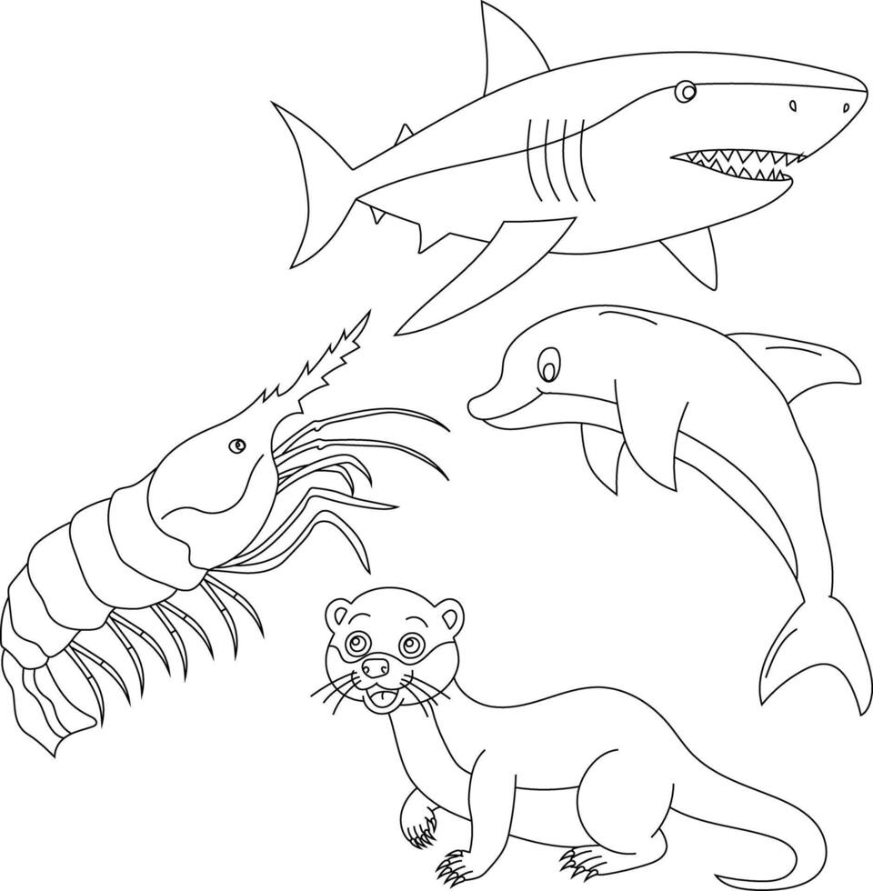 Aquatic Animals Clipart Set. Sea Animals of shark, otter, dolphin, shrimp vector