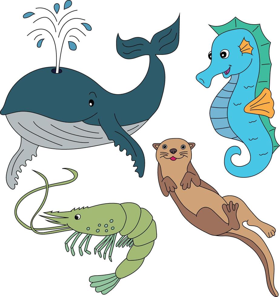 Aquatic Animals Clipart Set. Whale, Otter, Shrimp, Seahorse vector