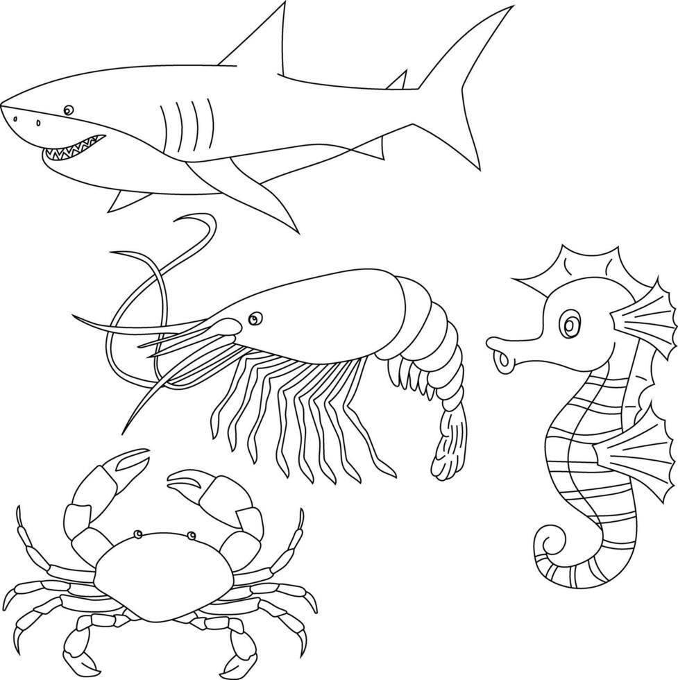 Aquatic Animals Clipart Set. Sea Animals of shark, shrimp, seahorse, crab vector
