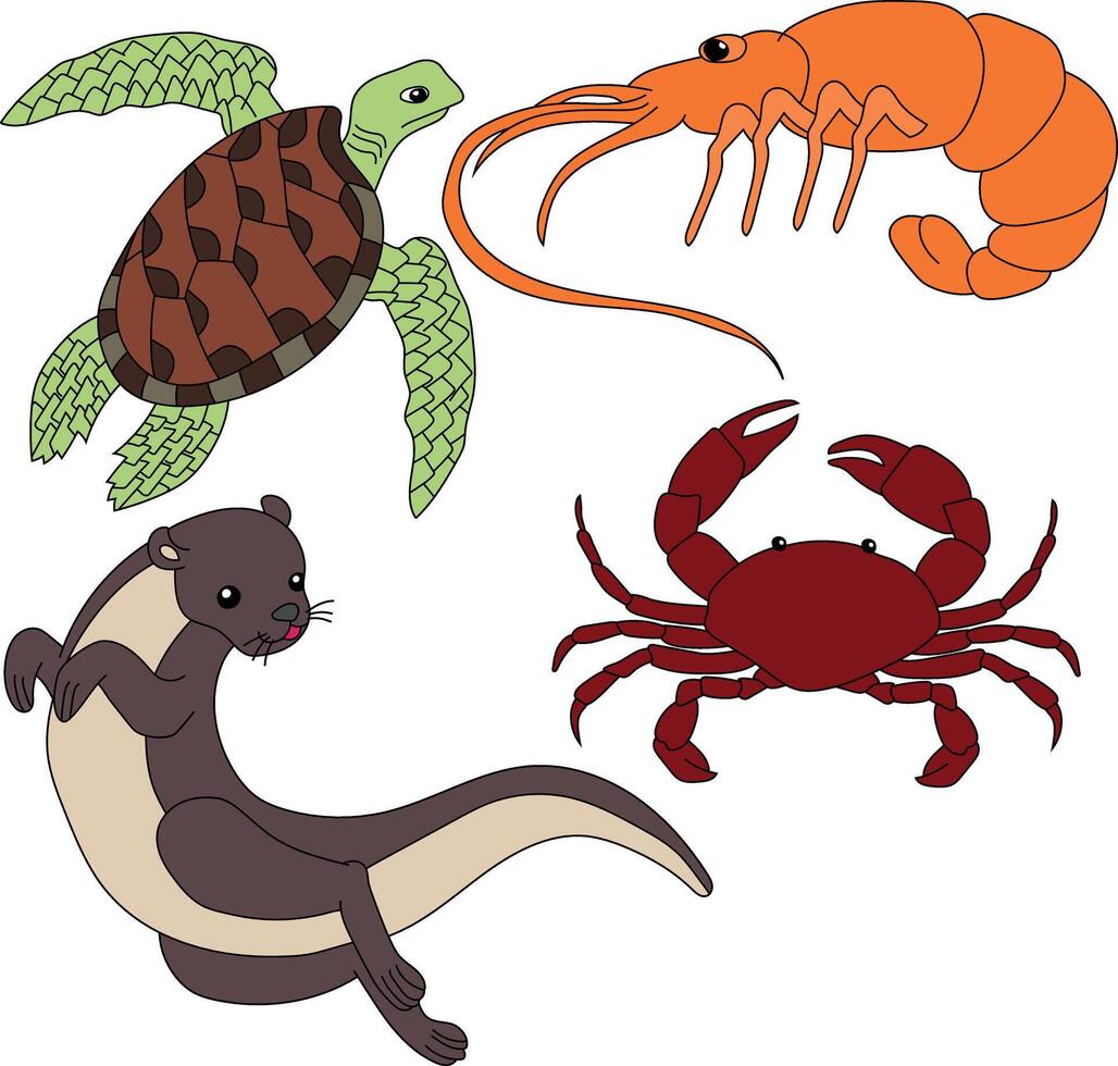 Aquatic Animals Clipart Set. crab, Otter, Shrimp, Sea turtle vector