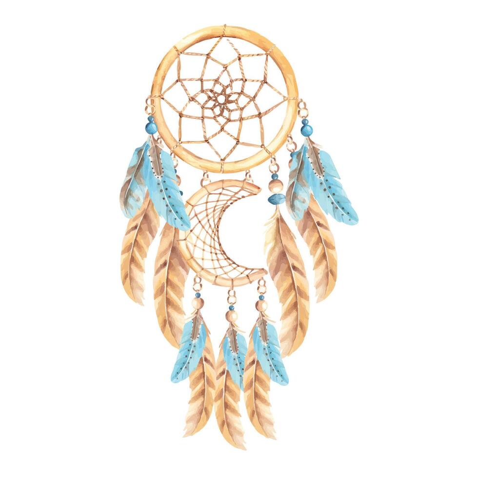 Dream catcher with beads and blue and beige feathers. Watercolor hand drawn illustration. Bohemian decoration, chic design. American culture mystery ethnic tribal ornament. vector