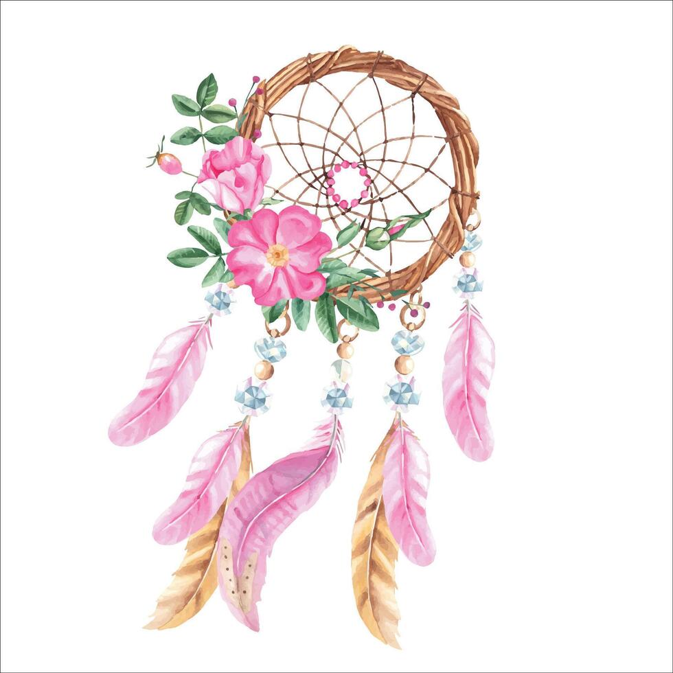 Dream catcher with beads, crystals, dog rose flowers and pink and beige feathers. Watercolor hand drawn illustration. Bohemian decoration, chic design. American culture mystery ethnic tribal ornament. vector