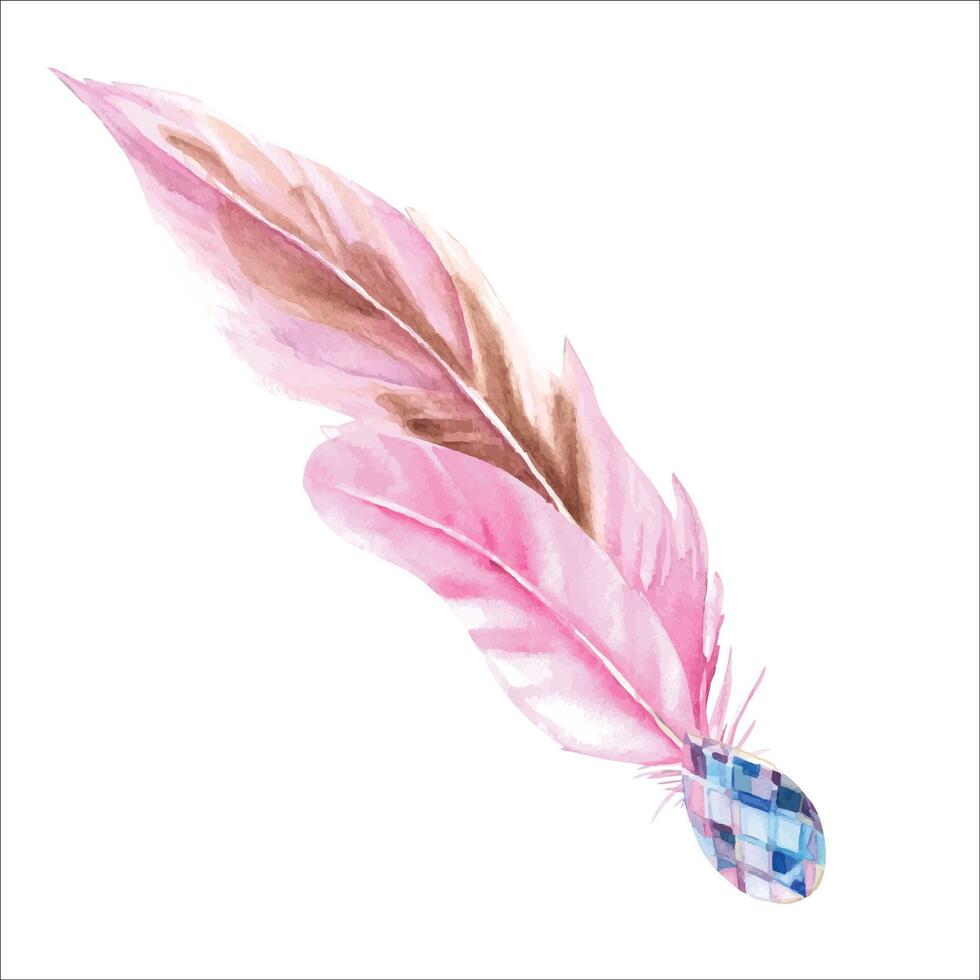 Watercolor composition from pale pink feathers and crystal, rainbow suncatcher. Hand drawn illustration. Design element for decoration, dream catcher, cards and textile prints. vector