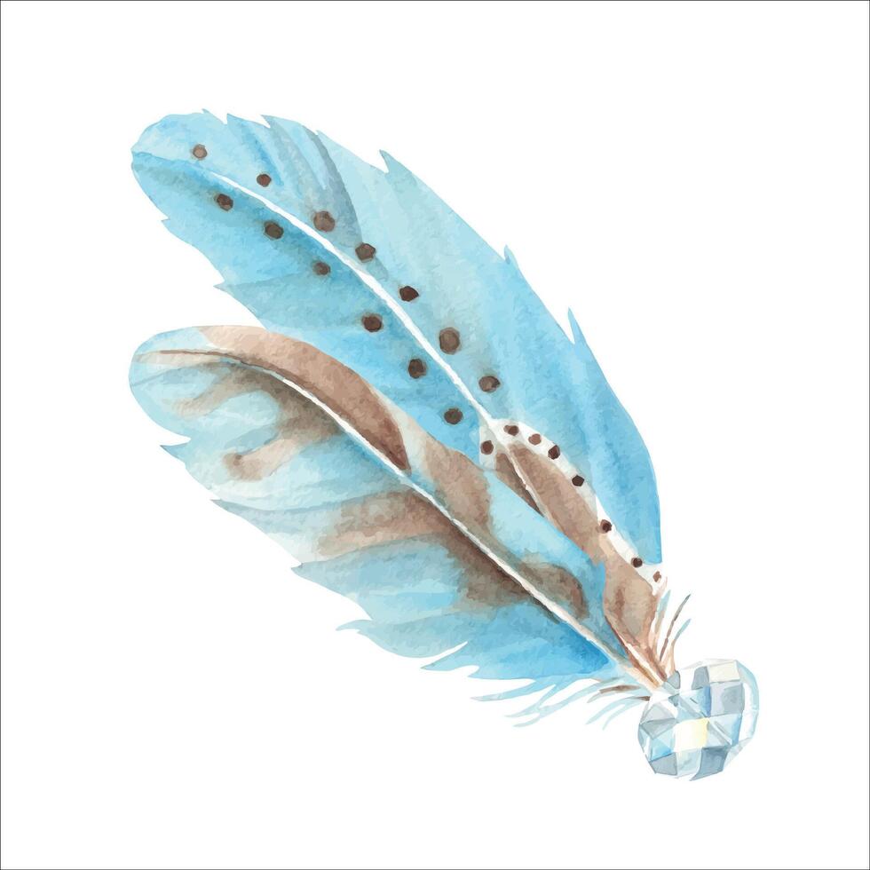 Watercolor composition from blue feathers and crystal. Hand drawn illustration. Design element for decoration, dream catcher, cards and textile prints. vector