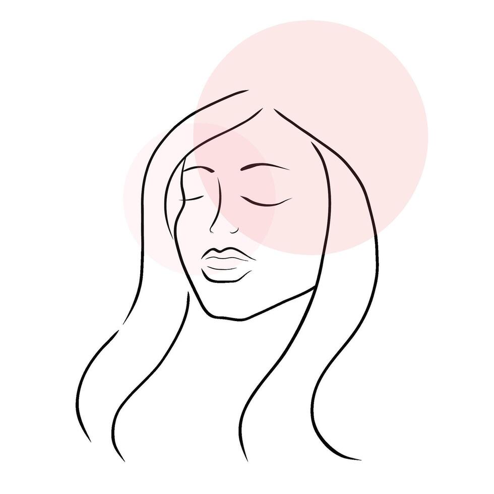 Woman face line art with long hair in pastel pink shades. Minimalistic style. Vector hand drawn beauty fashion illustration for poster, logo, cosmetics or makeup design and t-shirt prints.