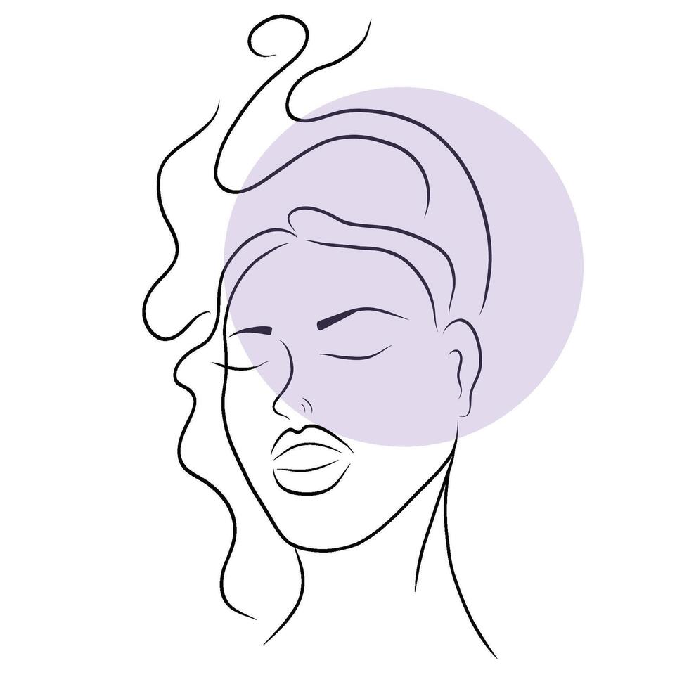 mujer cara línea Arte con gratis pelo estilo en pastel Violeta sombras. minimalista estilo. vector mano dibujado belleza Moda ilustración para póster, logo, productos cosméticos o maquillaje diseño y camiseta huellas dactilares.