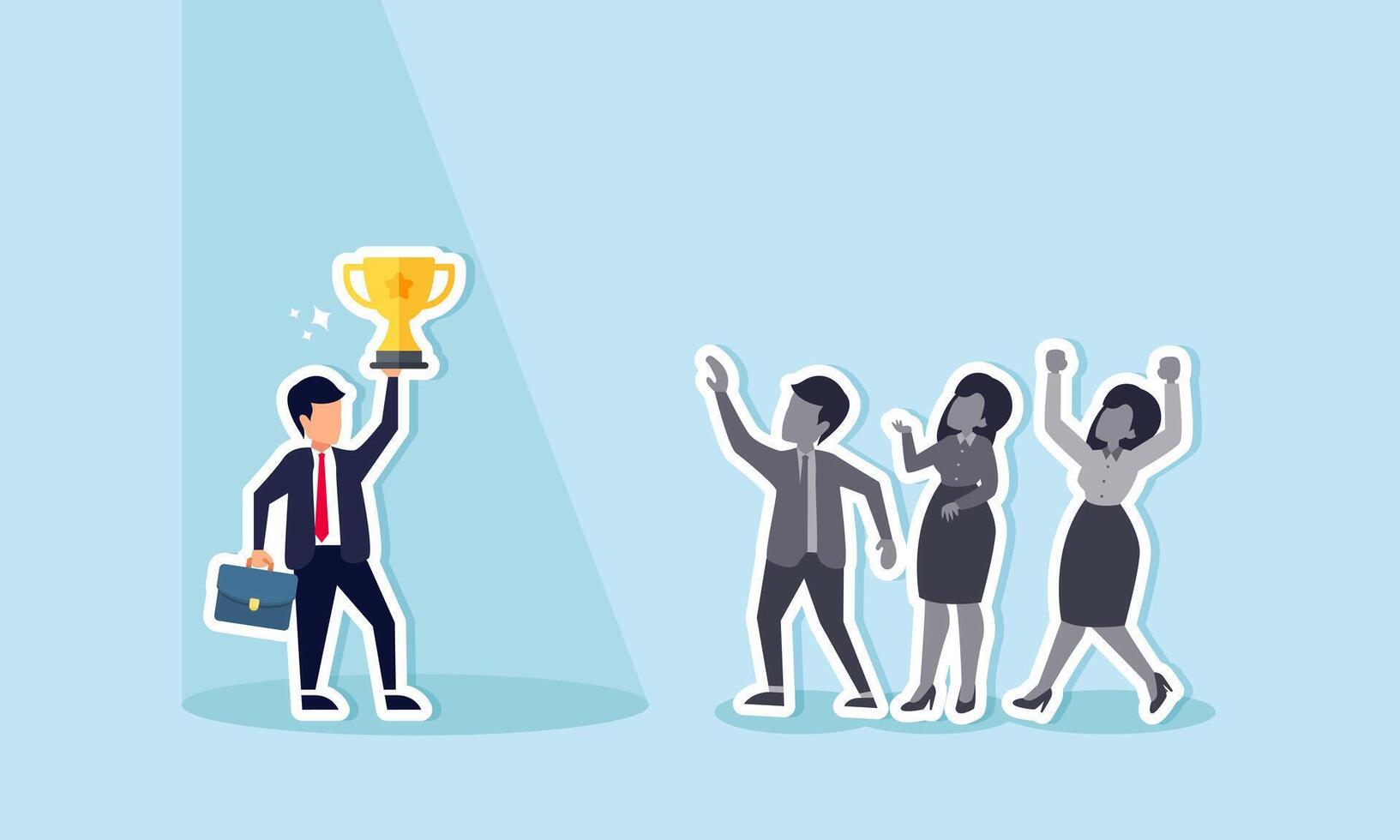 Selecting the finest talent for the job, acknowledging hard work and valuing visible skills, concept of Confident businessman holding trophy with colleagues under spotlight vector