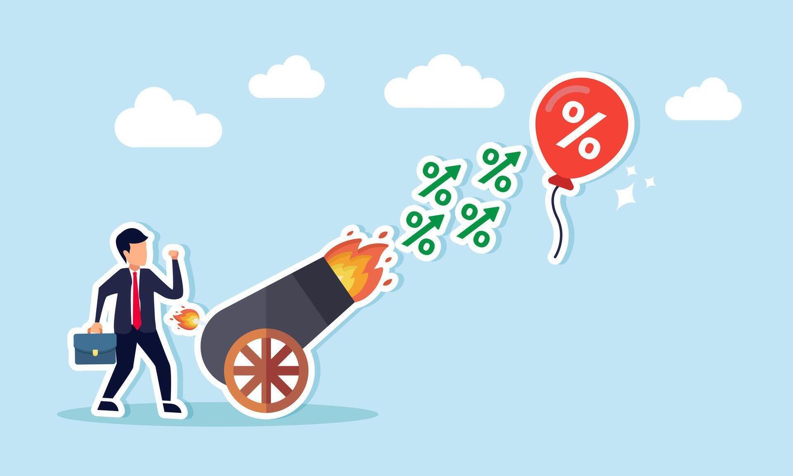 FED, Central Bank inflation mitigation strategy increase interest rates to regulate inflationary pressures, concept of Banker businessman fires interest rate cannon at inflation balloon vector