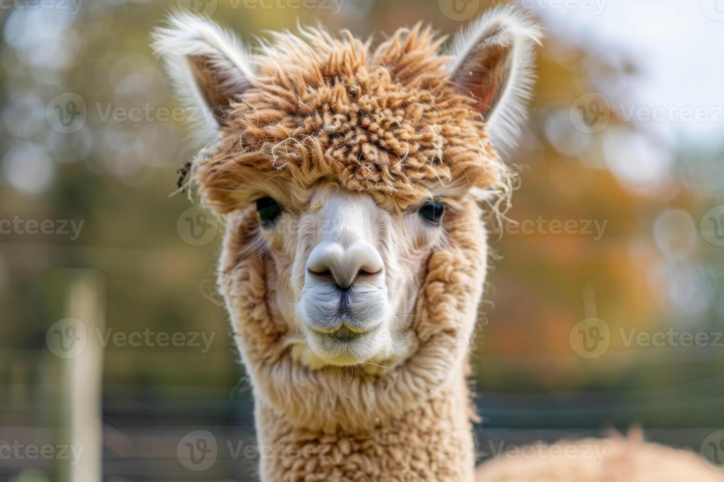 AI generated Alpaca portrait close-up with animal farm mammal livestock camelid wool photo