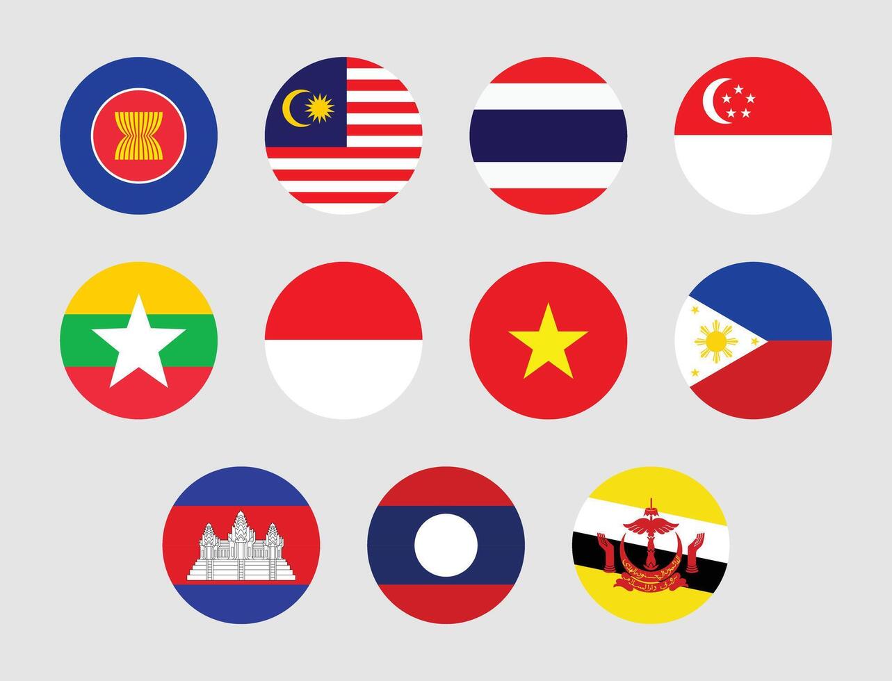 asociación de Sureste asiático naciones todas miembros banderas diseño. colección de asean país redondo banderas vector