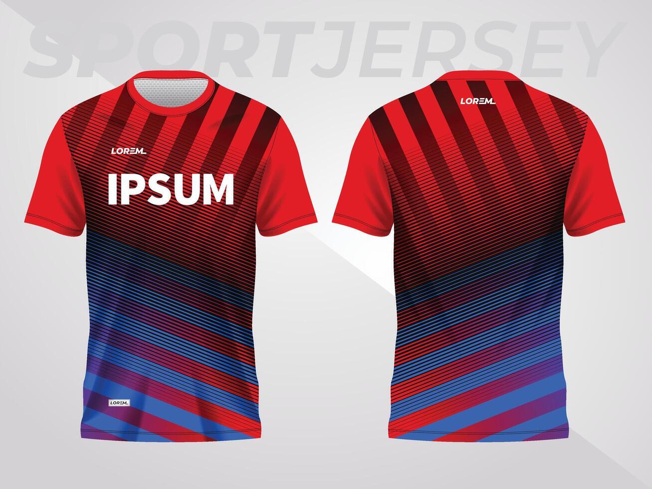 red and blue sport jersey mockup design for soccer, football, racing, gaming, motocross, cycling, and running. front and back view template vector